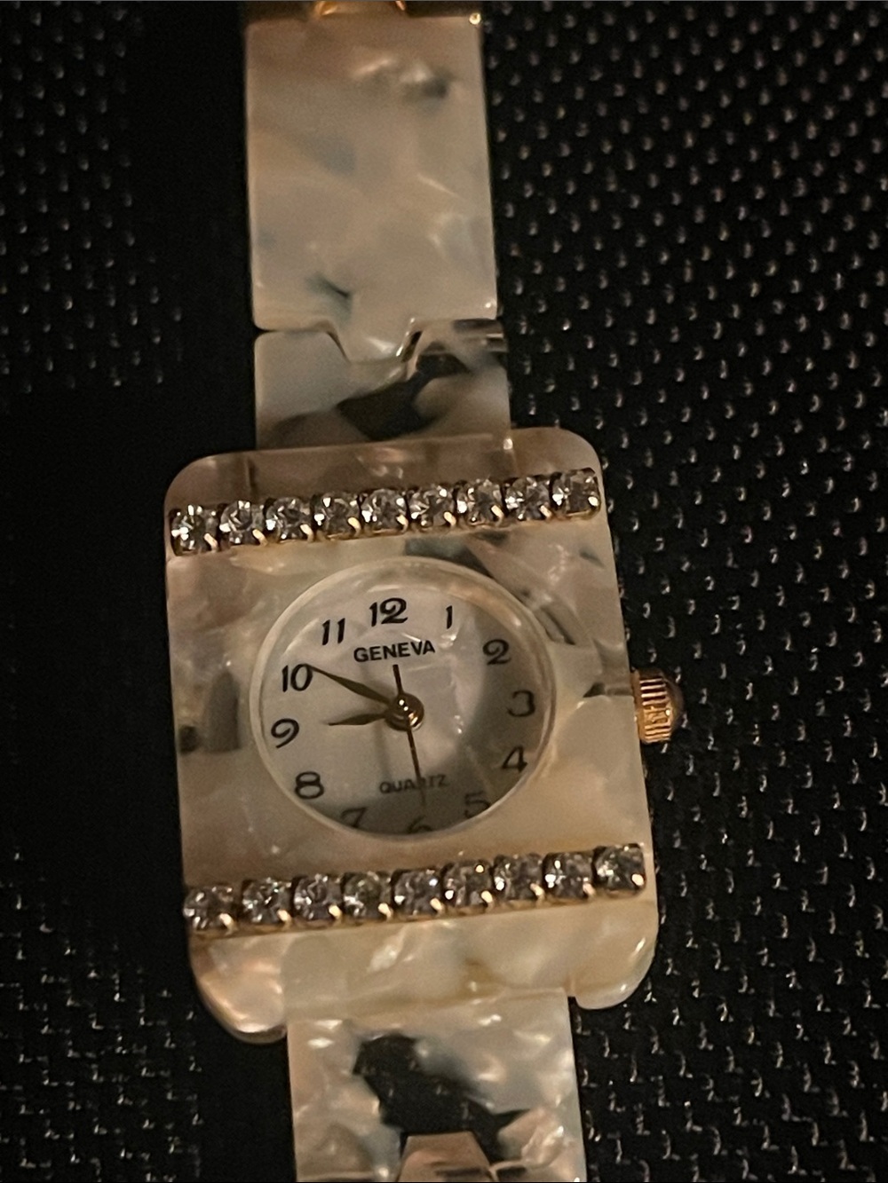 Geneva Gold-Tone Watch with White Marbled look Links and gold hammered fittings